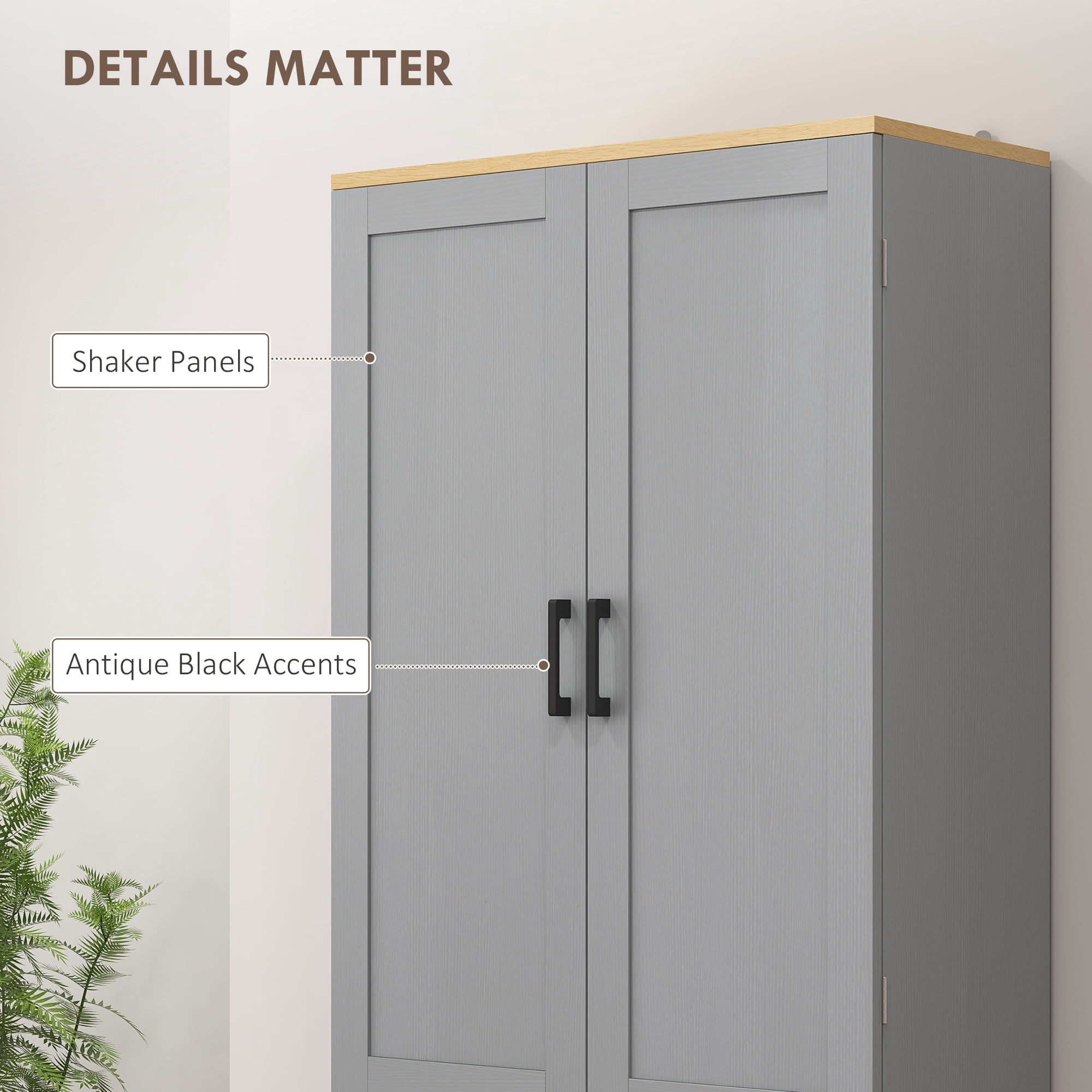 HOMCOM 67" Freestanding Kitchen Pantry, 4-Door Storage Cabinet Organizer with Adjustable Shelves and Doors, Distressed Gray