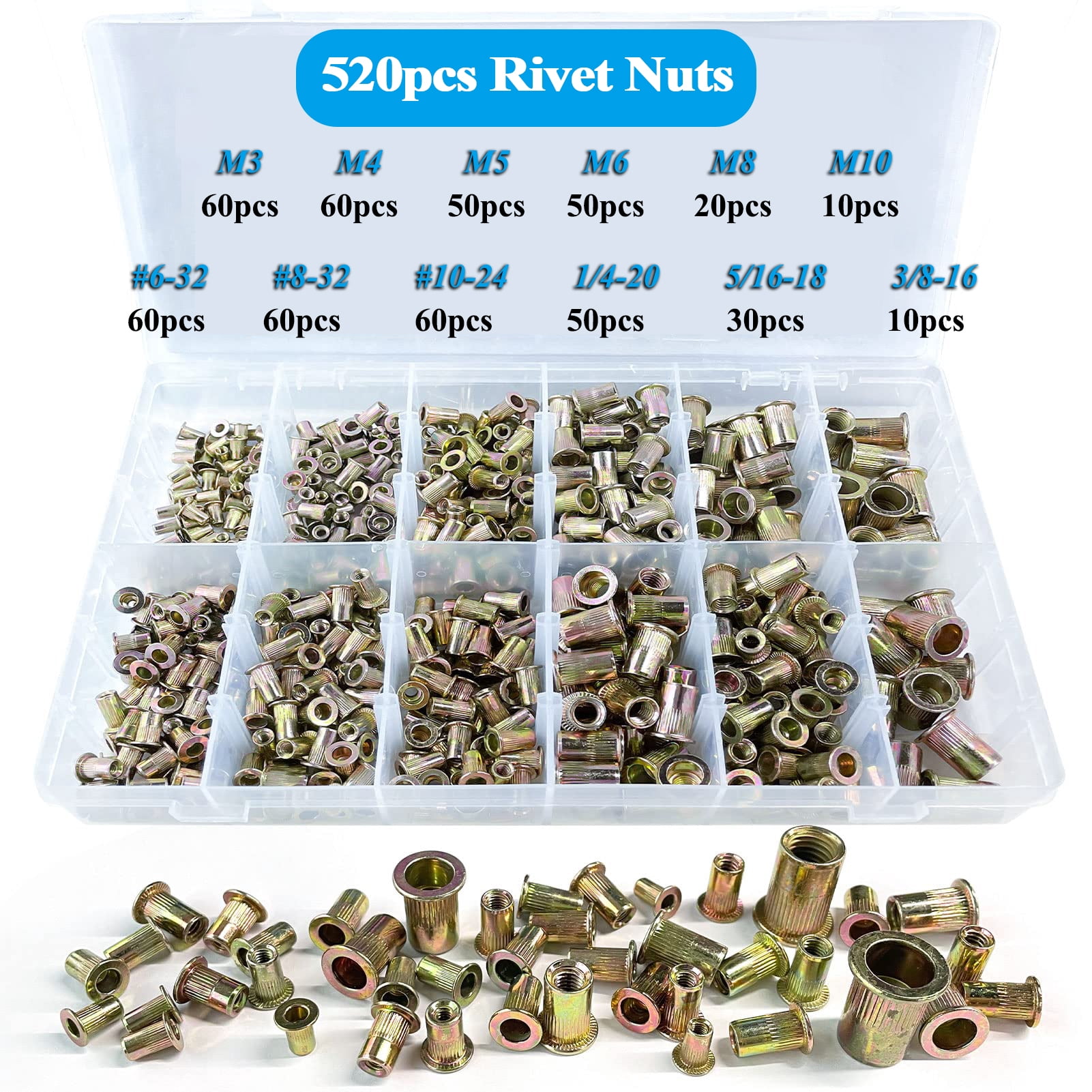 iMeshbean 520PCS Zinc Steel Rivet Nut Rivnut Insert Nutsert Kit SAE&Metric Threaded Rivets
