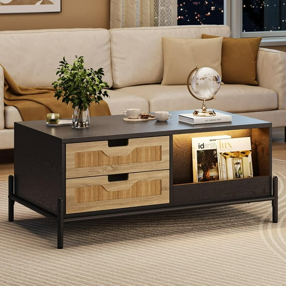 Mid Century Modern Rattan Coffee Table with LED Lights, 4 Drawers & Open Shelf, Wooden Farmhouse Coffee Table for Living Room, Boho Style Storage Table