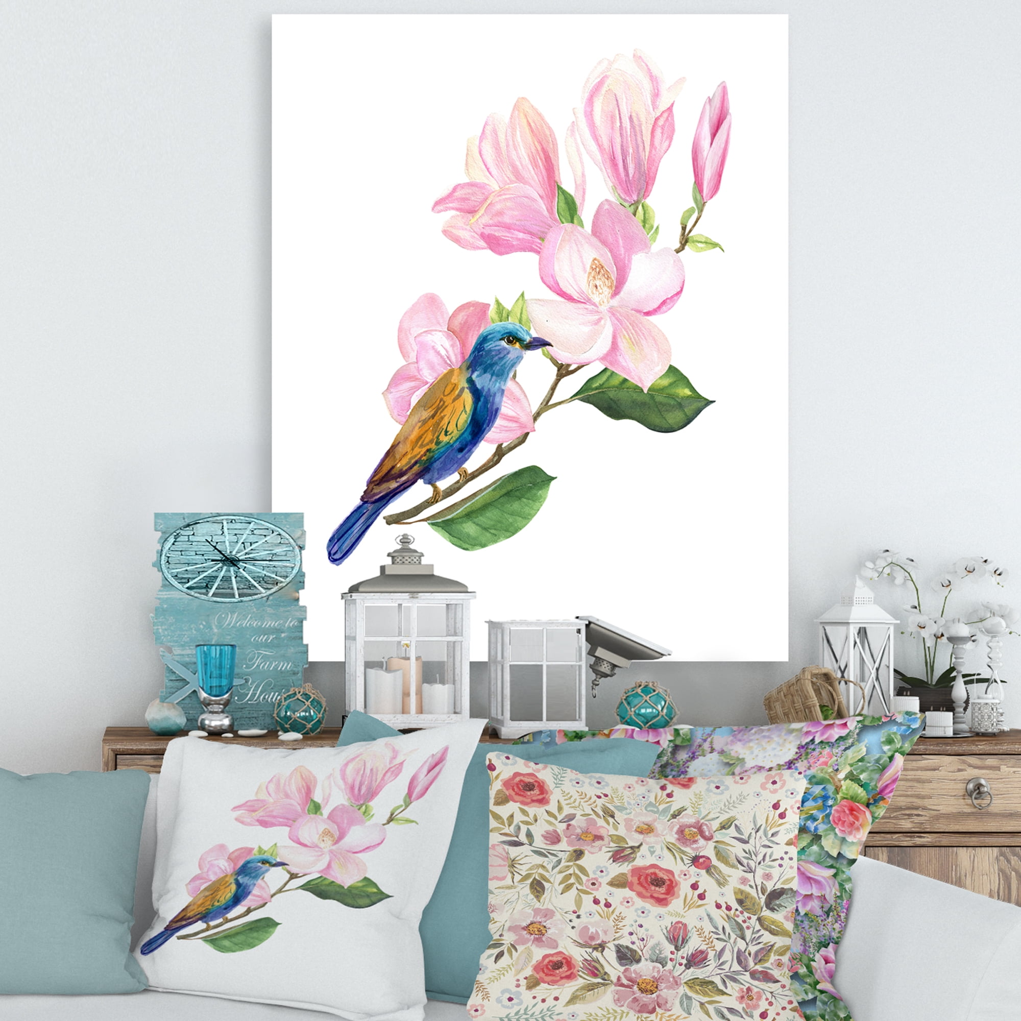 Designart ' Blue Bird Sitting On A Pink Magnolia ' Traditional Canvas Wall Art Print