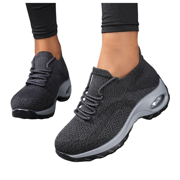 Orthopedic Sneakers for Women Knit Mesh Slip on Sock Shoes Air Cushion Running Shoes Lightweight Lace up Tennis Shoes Gray Size 8
