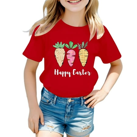 HNMKIU Girls Summer Graphic Tee Cute Easter Printed Short Sleeve T-Shirt Comfortable Casual Top for Kids Red 7-8 Years