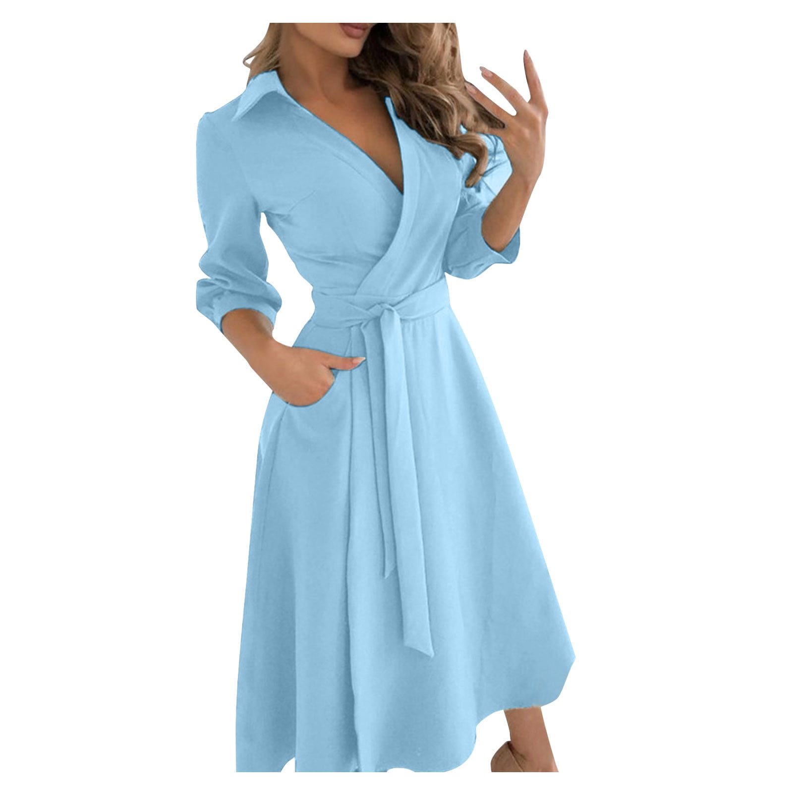 Sky Blue V-Neck Striped Dress Women Autumn A-line Slim Dresses Chic Office  Lady Holiday Ladies Holiday Dresses (Color : Blue, Size : X-Large) :  : Clothing, Shoes & Accessories