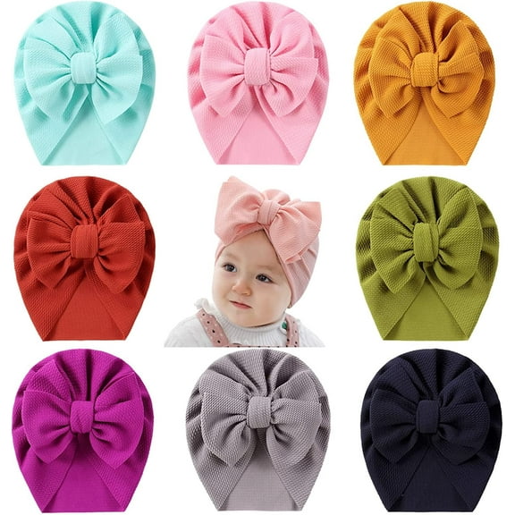 Vorkoi 8 Pack Knotted Big Bowknot Hair Bow Turban Hats Beanie Caps Headwraps for Baby Girls Infants Toddlers Kids