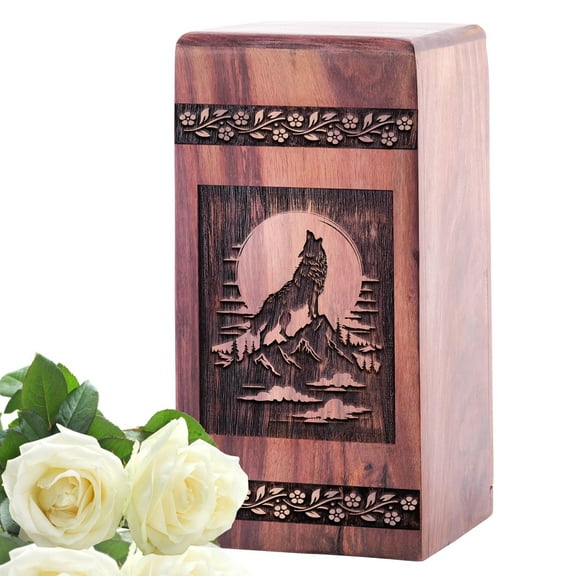 KARYLIZ Wolf Wooden Urn For Ashes Adult Male, Ash Urns For Humans, Wooden Urns For Human Ashes Adult Man, Wood Box For Ashes Human Adult, Decorative Urns For Mom, Funeral Urns For Men