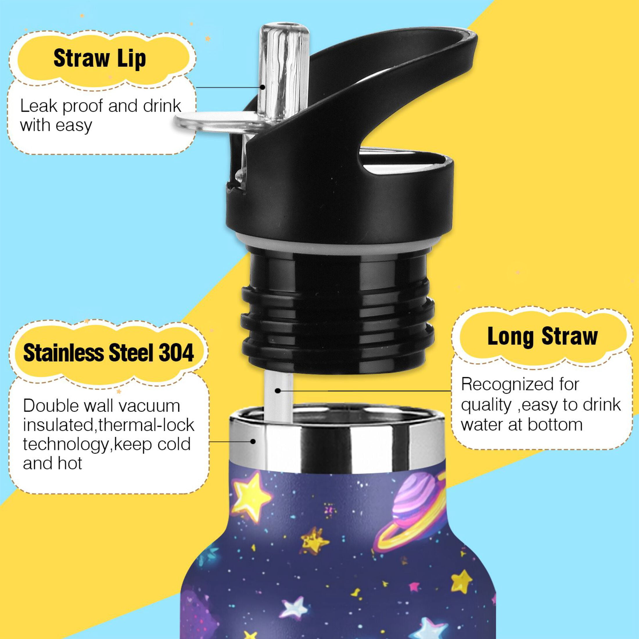 Kids Insulated Stainless Steel Sports Water Bottle 600ml Colorful Stars and Planets Pattern