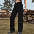 thumbnail image 2 of Defitshape Women's Cargo Jeans Washed Straight Leg Full Length Loose Fit Vintage Fashion Long High Waist Elastic Carpenter Denim Pants Black X-Large, 2 of 5