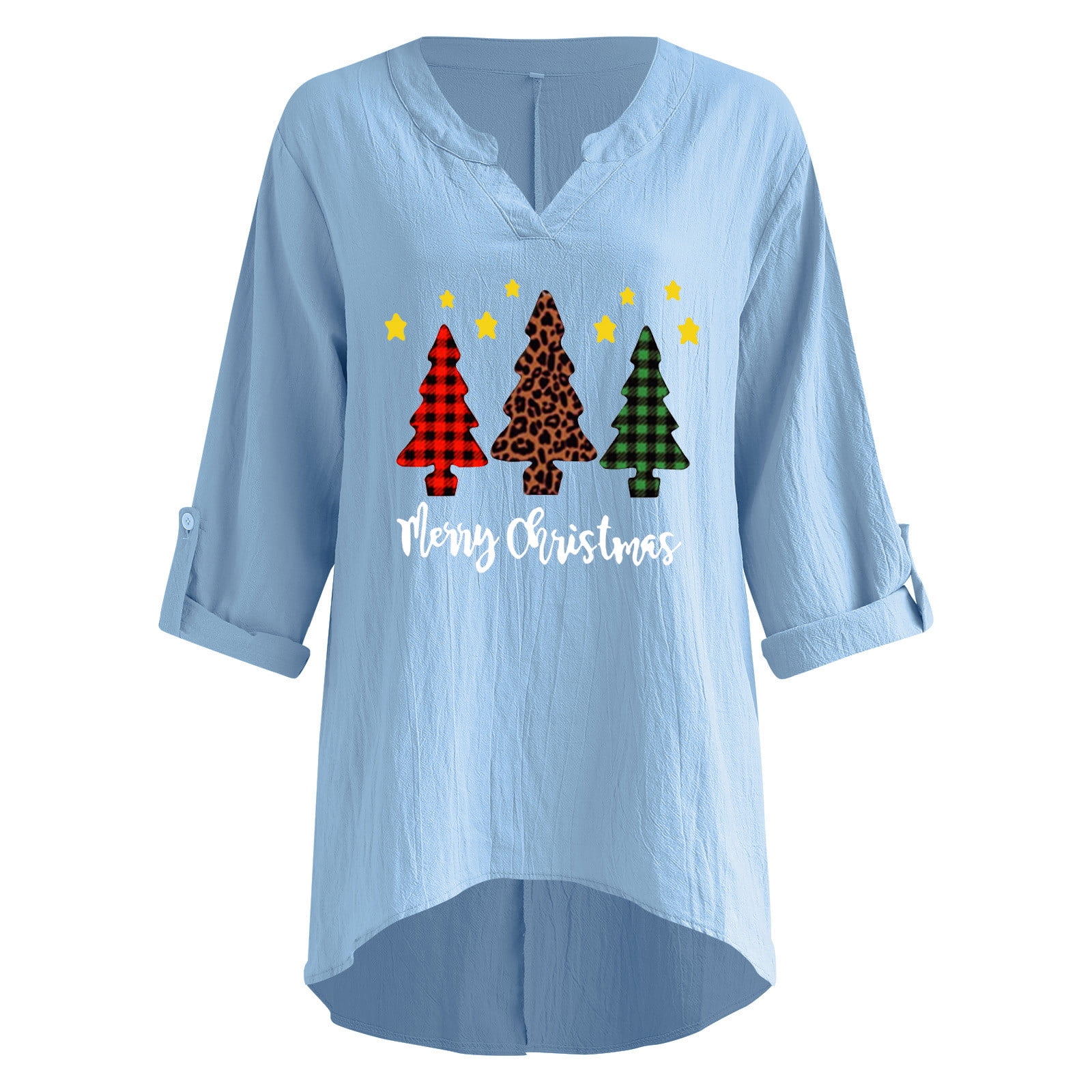 XZNGL Chemisier de Noel pour Femmes Femmes Manches Longues Epaule Coton Lin Col en V Imprime de Noel Blouse Tunique Tops Tunique de Noel pour Femmes Tops Tuniques pour Leggings pour Femmes