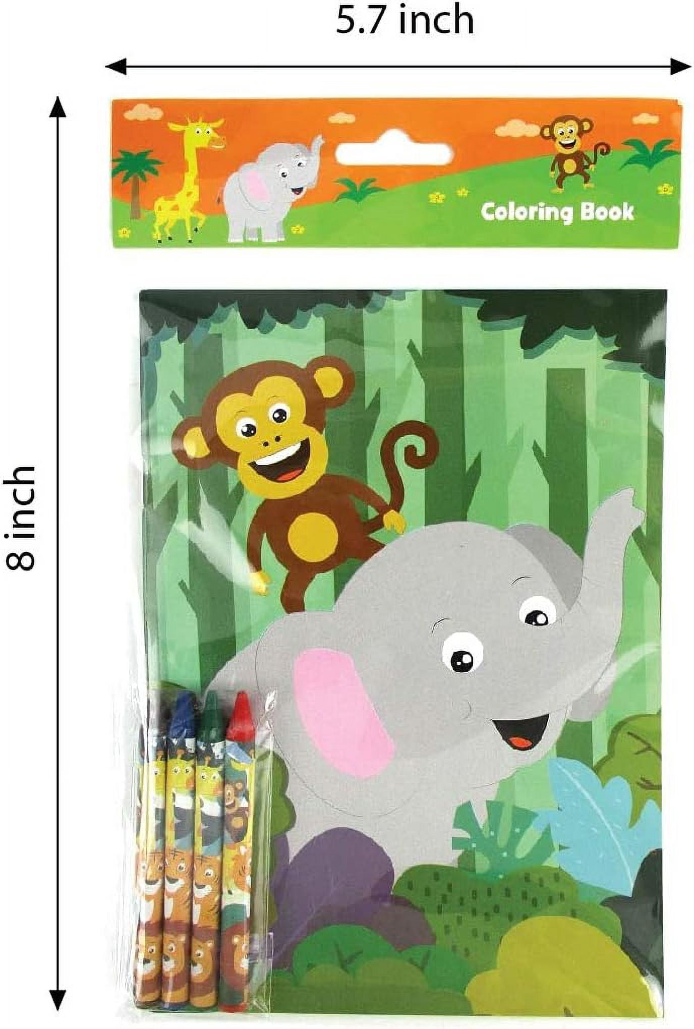 Safari Animals Jungle Book Birthday Party Assortment Favor Set of 108 pcs (12 Large Party Favor Treat Bags with Handles, 24 Self-Ink Stamps for Kids, 12 Sticker Sheets, 12 Coloring Books, 48 Crayons)