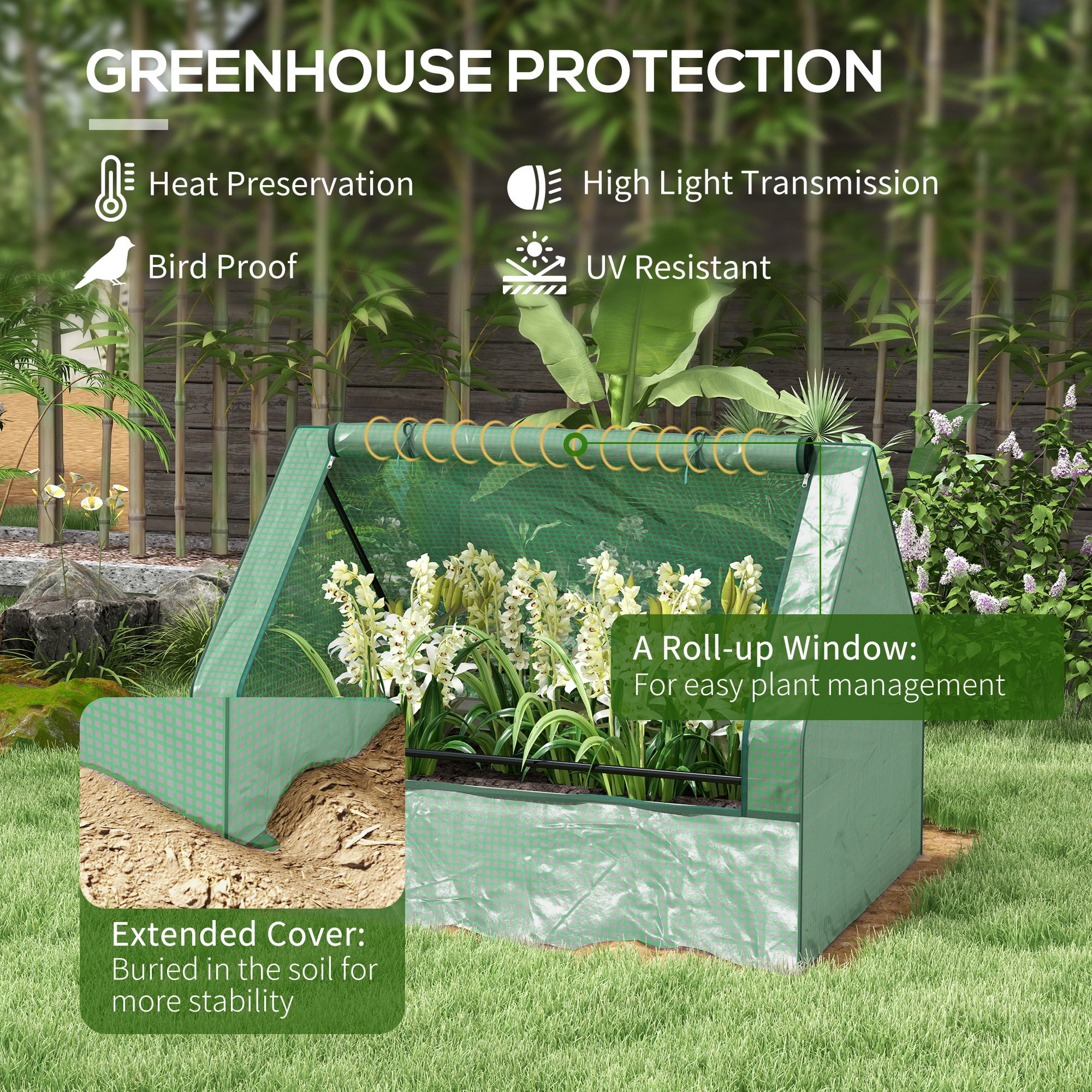 Outsunny Raised Garden Bed with Small Greenhouse, Green and Silver
