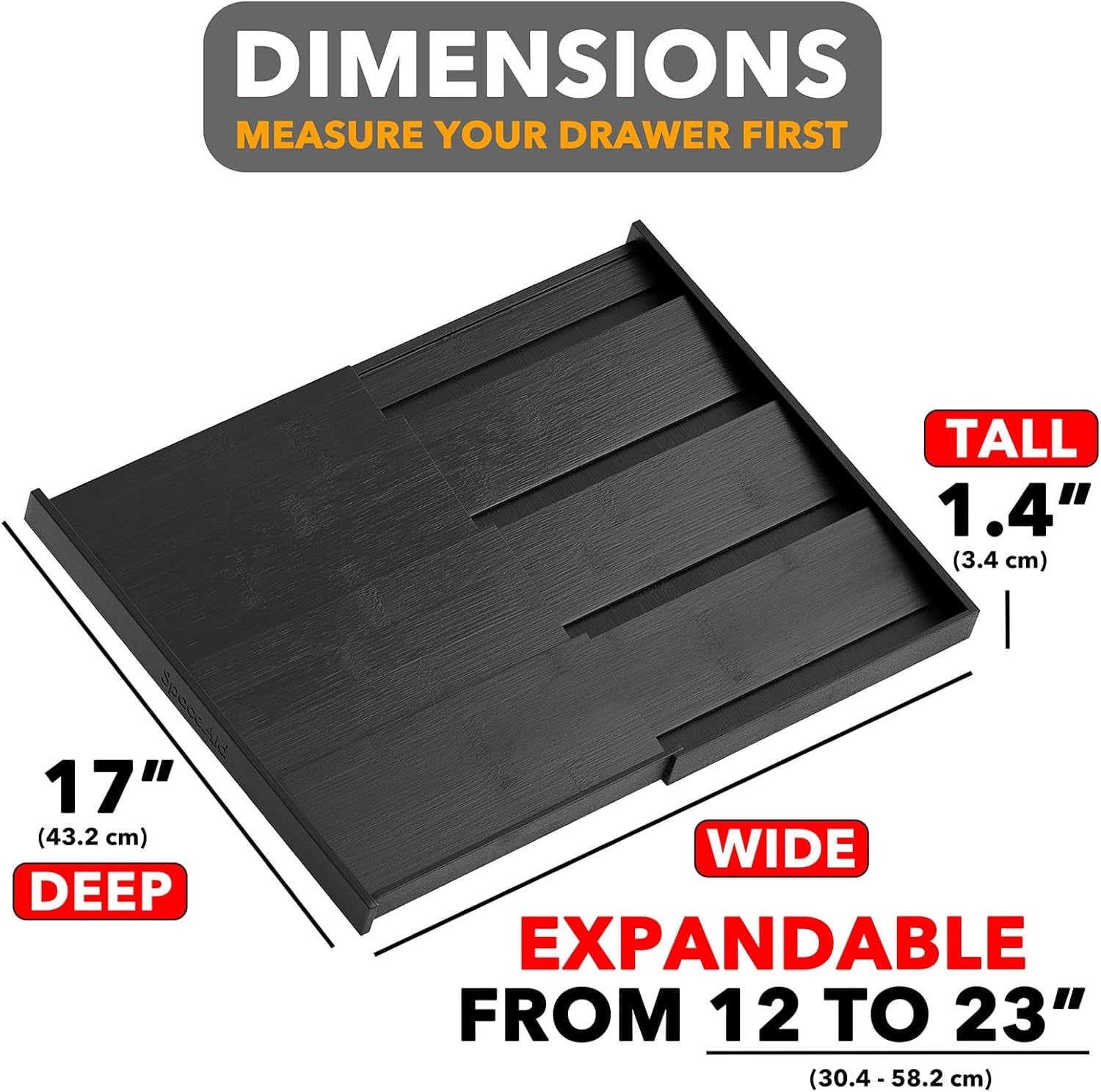 SpaceAid Bamboo Spice Drawer Organizer, Expandable, from 12" to 23" Wide (Need 3" Deep Drawer, Jars Not Included), Black