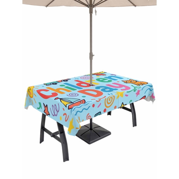 Outdoor Tablecloth with Umbrella Hole for Patio/Picnic/Party/Camping, Children's Day Waterproof Table Cloth Rectangle Table Cover Washable, Cartoon Cute Watercolor Truck Cat Blue (54"x 80")