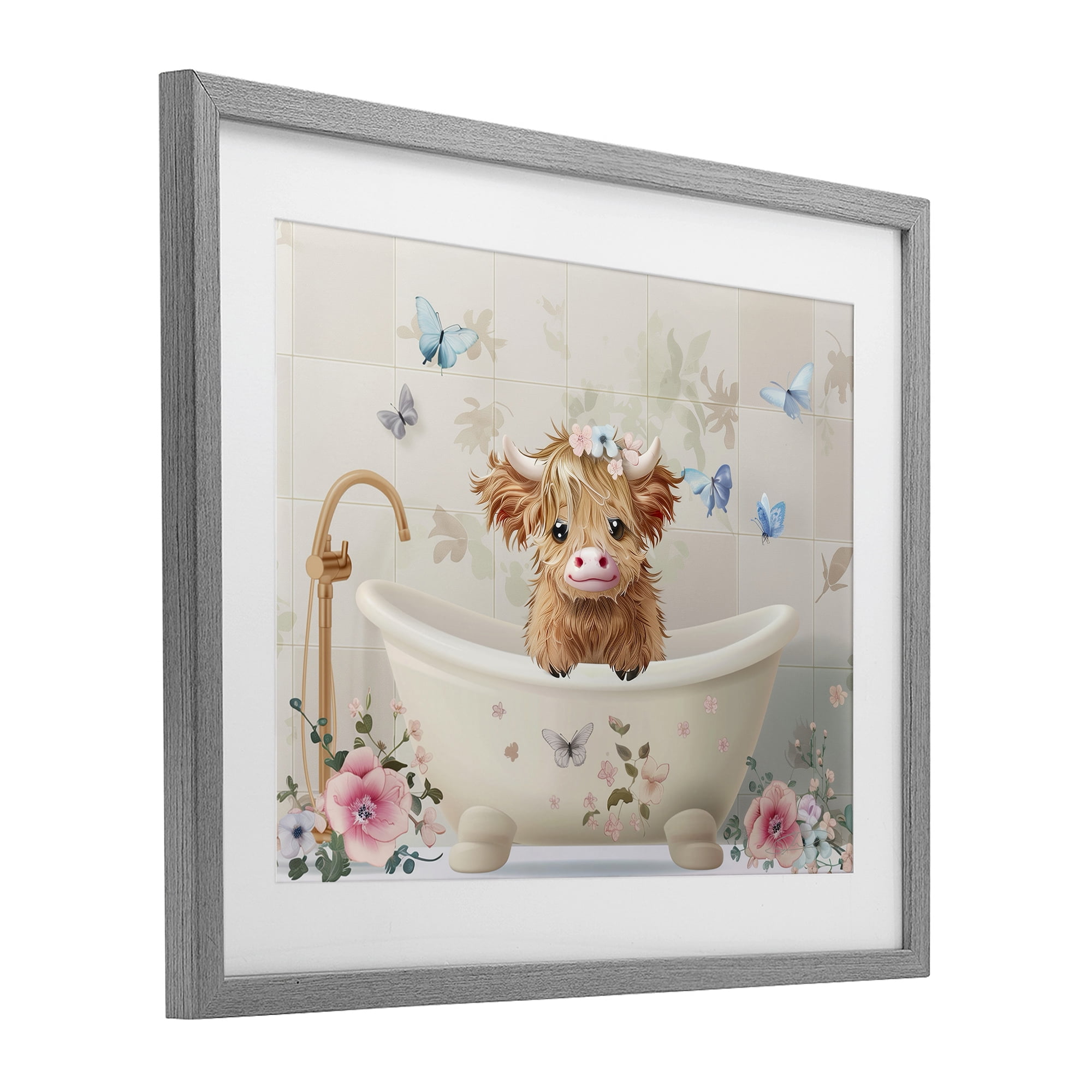 Baby Cattle in Floral Tub Gray Framed Print Under Glass, design by Shawna Stewart