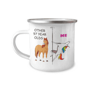 97th Birthday Unicorn Camper Coffee Mug - Other 97 Year Olds Me Unicorn Coffee Mug -12 Oz Stainless Steel Enamel Finish White Camper Coffee Mug