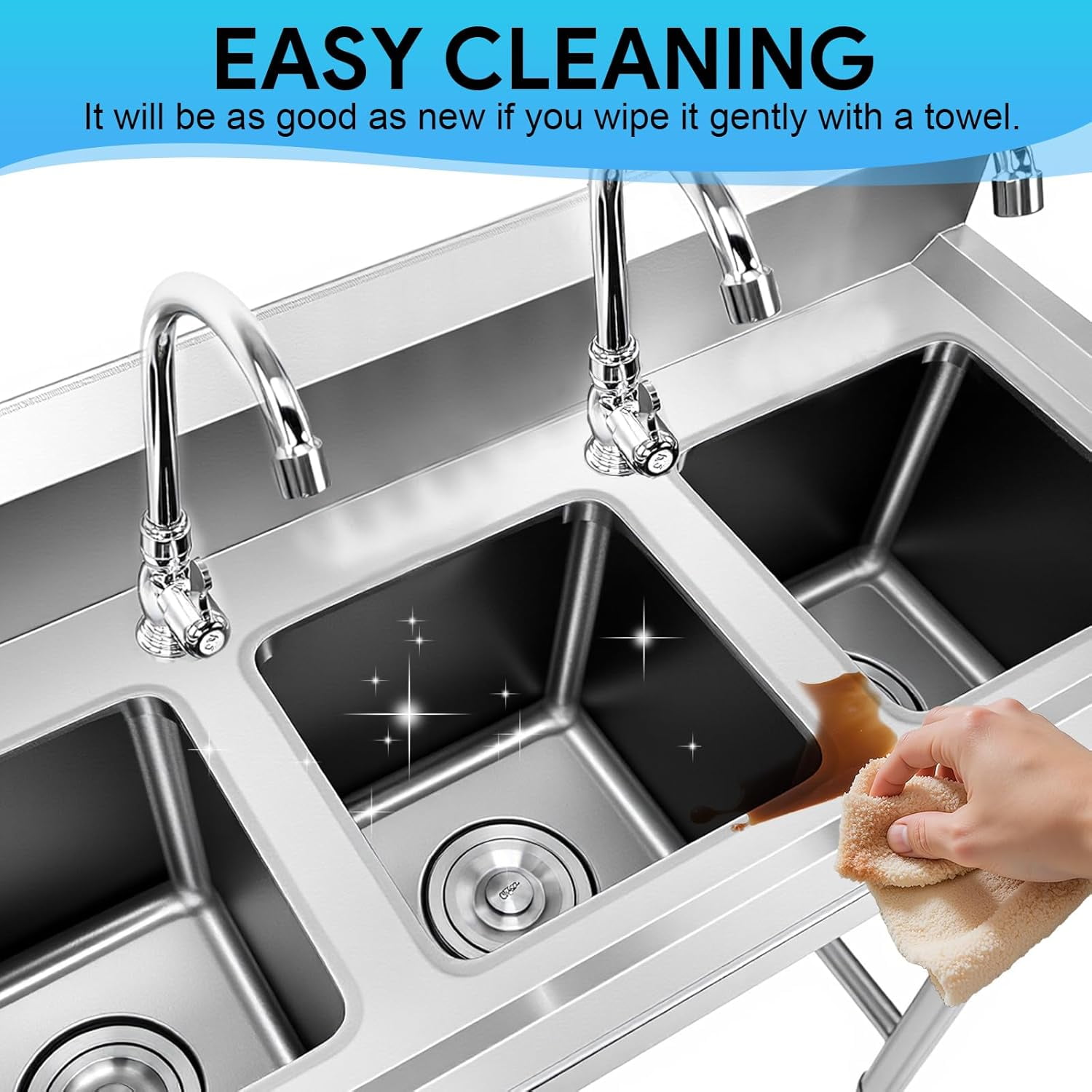 3-Compartment Sink, 39'' x 18'' x 36'' Stainless Steel Utility Sink, Free Standing Three Bowl Kitchen Sink Set with 2 Faucets Hot & Cold Water Pipes for Food Truck, Bar, Restaurant