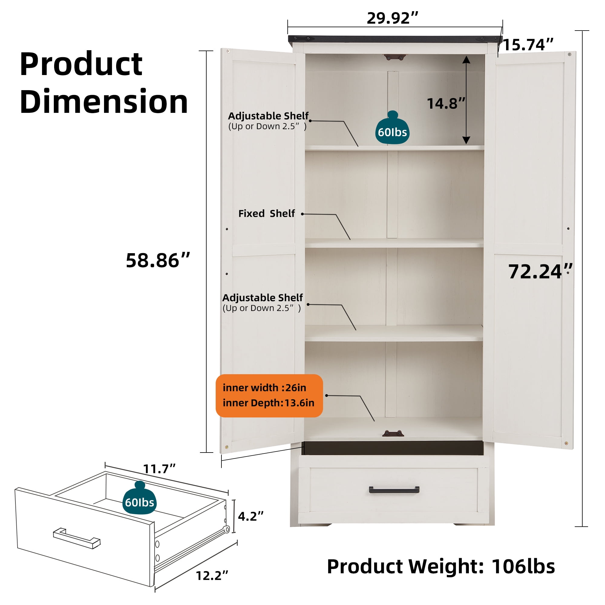 ACCOHOHO Pantry Cabinet, 72" Tall Farmhouse Storage Cabinet with Adjustable Shelves & 1 Drawer for for Kitchen, Dining Room, White