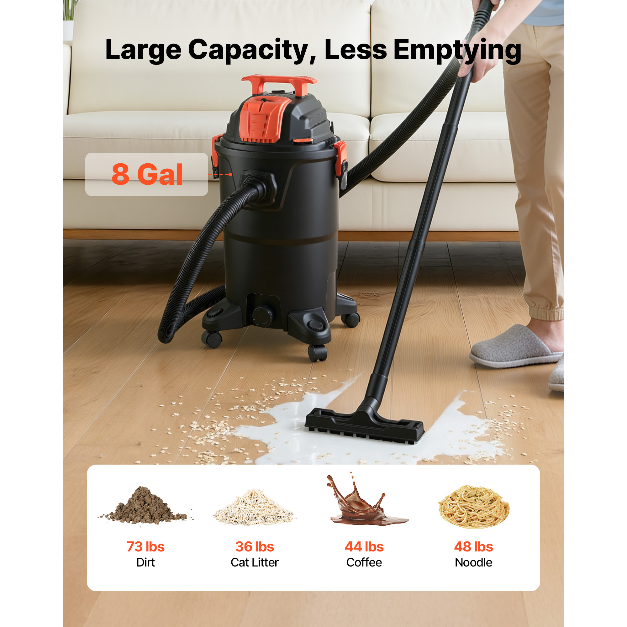 KFFKFF 8 Gallon Wet Dry Vacuum Cleaner, 4.5 Peak HP Portable with One-Button Self-Cleaning, Dual-Filter System, 900W Input Power, 1.25in x 7ft Hose, 9.8ft Cord for Workshop, Garage, Home, and Jobsite