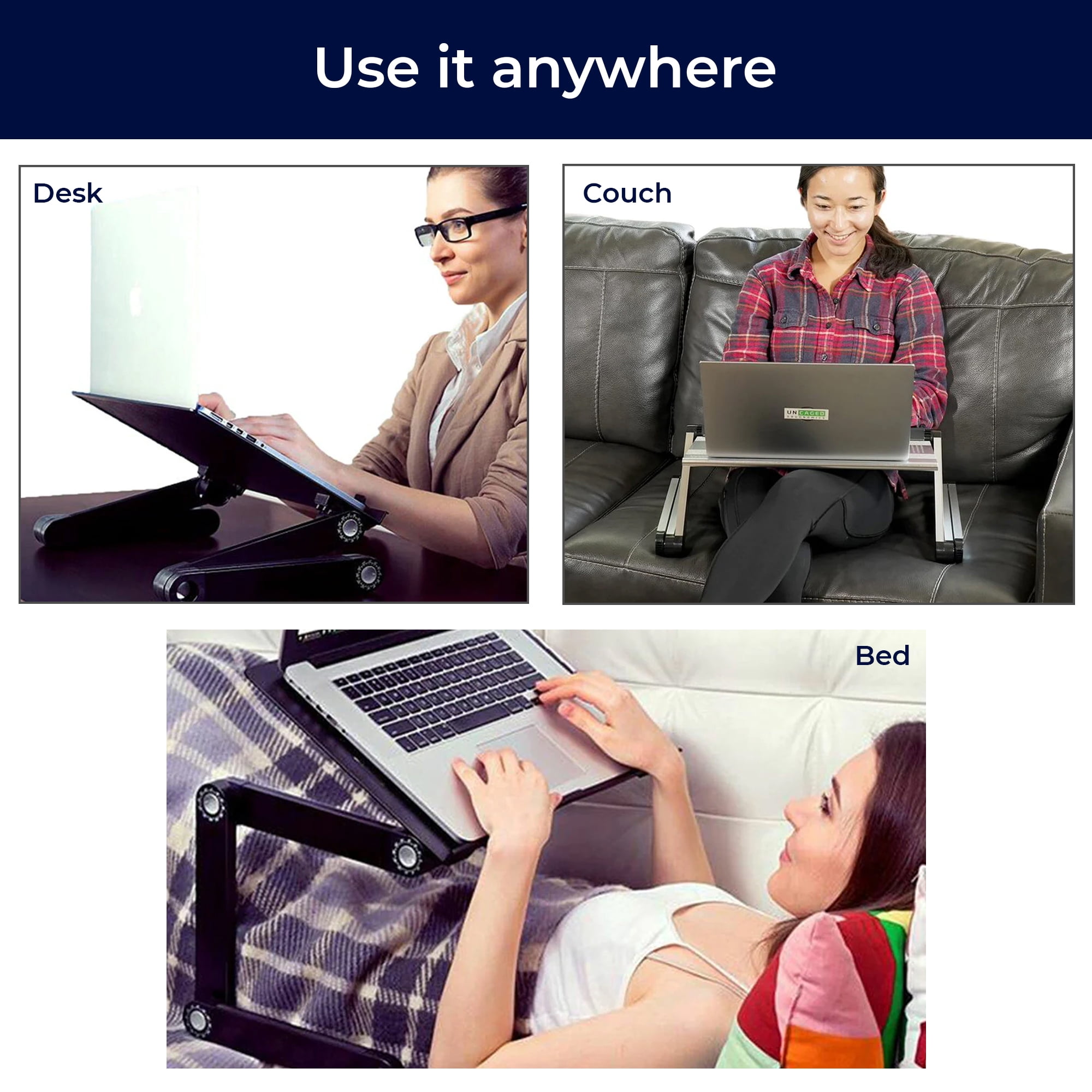 Adjustable Laptop Cooling Stand with Dual Fans & USB Ports – WorkEZ Executive Foldable Aluminum Laptop Desk for Bed, Couch & Office, Ergonomic Riser for Laptops up to 17”
