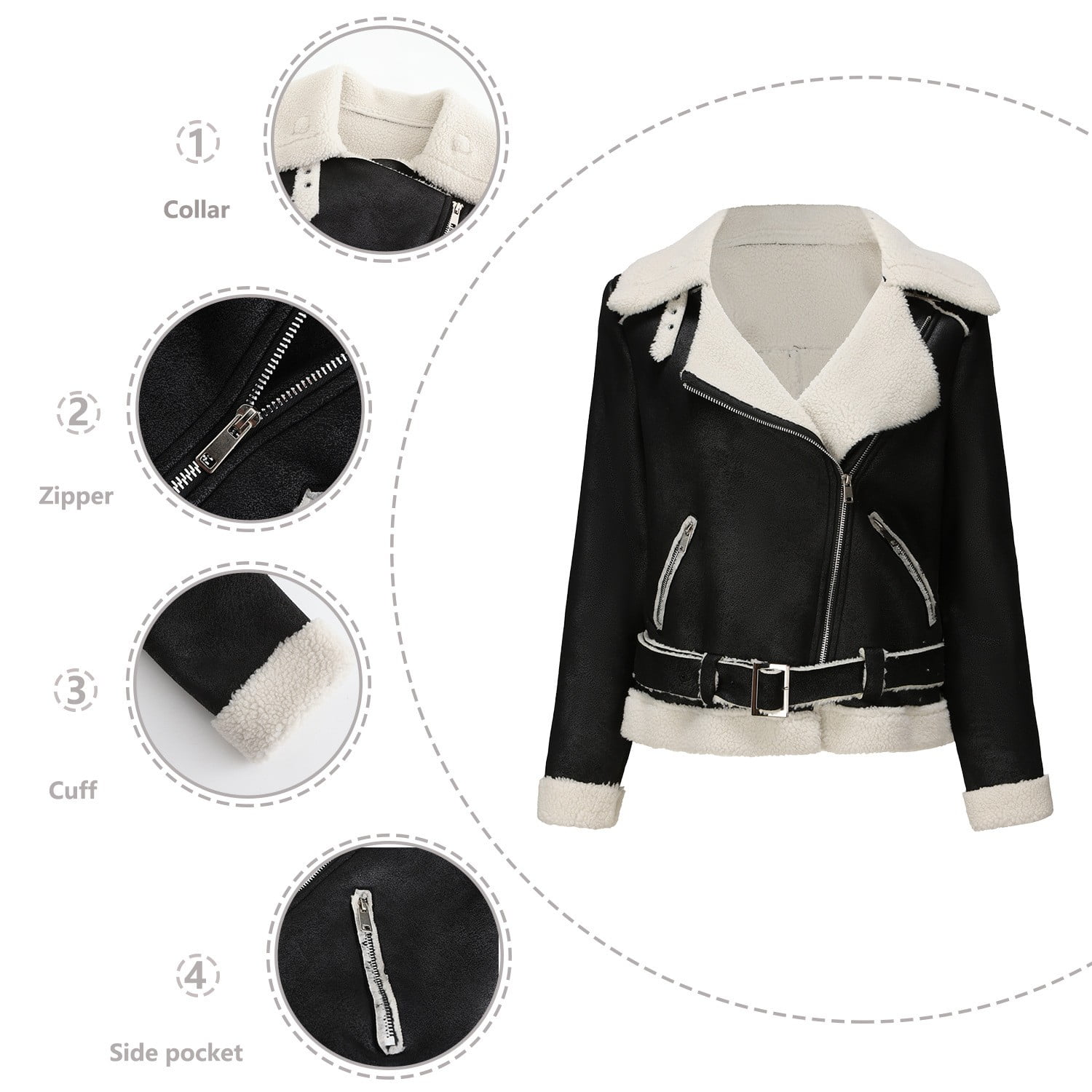 Usmixi Winter Faux Leather Jacket for Women Womens Suede Jacket Plus Size Fashion Side Zip Fuzzy Fleece Coats Casual Solid Pocket Bomber Outwear with Belt Faux Leather Jacket