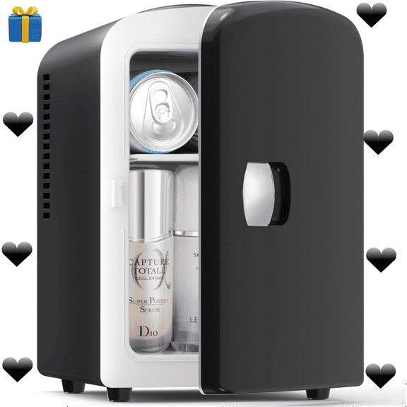 Auseo Mini Portable Fridge Personal, Countertop, 4L/6 Cans, Cooler Small Refrigerator, AC/DC, Option for Skincare, Makeup, Drinks, Dorm Room