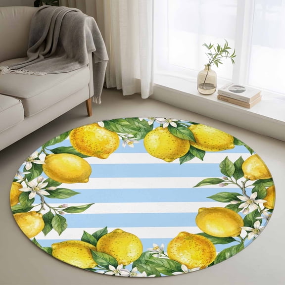 Round Area Rugs Collection 4 Ft, Summer Lemons Non-Slip Residential Carpet, Fruits White Flowers Farm Blue White Stripes Indoor Crawling Mats Runner Rugs for Living Room/Dining Room/Bedroom