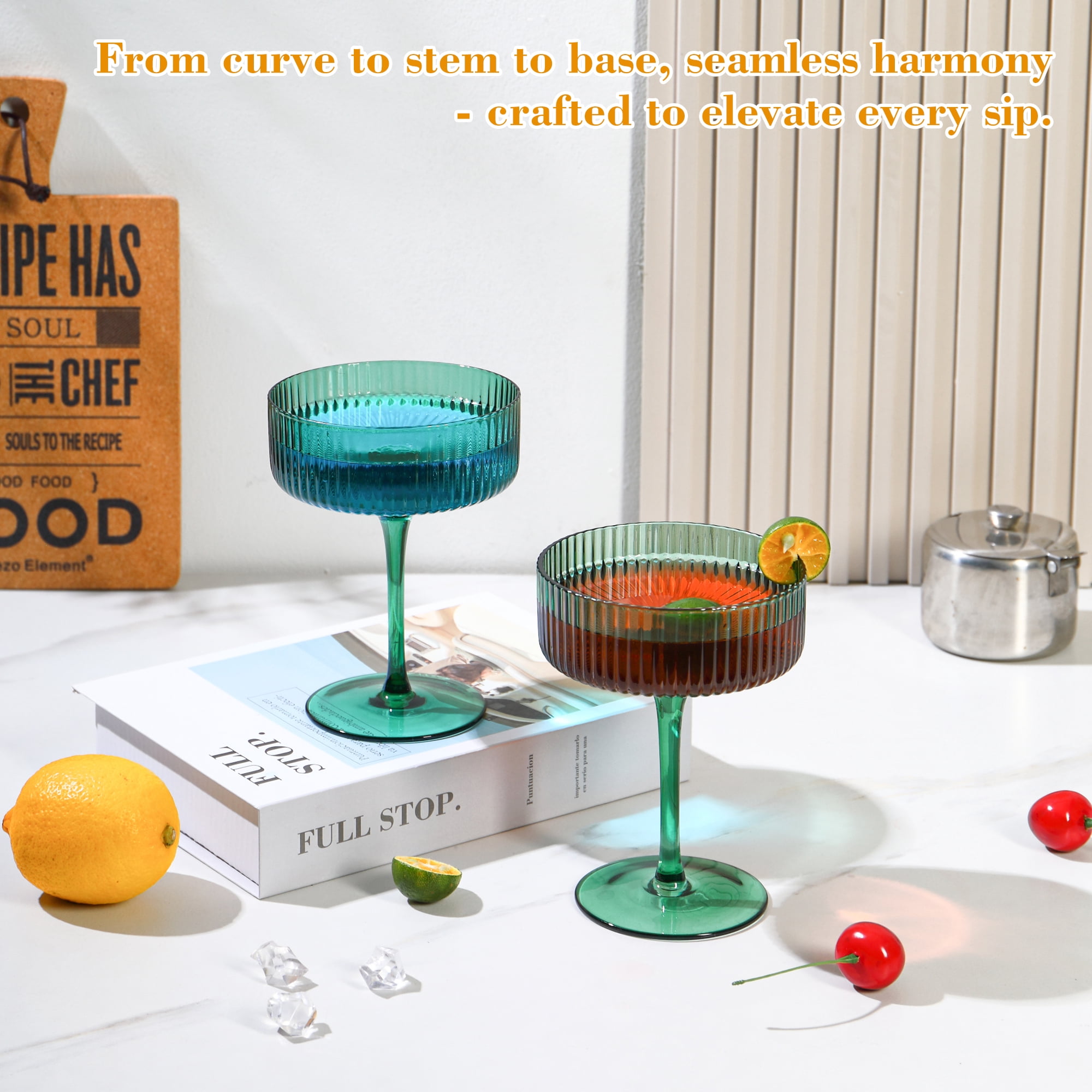 6 Pcs Ribbed Coupe Glasses, 10 oz Green Martini Glasses Set, Cute Espresso Martini Glass & Champagne Coupe Glass, Elegant Bar Glassware for Cocktails, Wine, Outdoor Entertaining & Gifts
