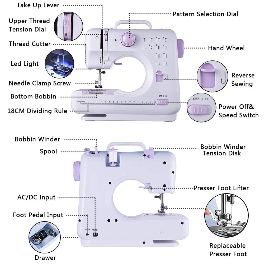 Portable Sewing Machine, 12 Stitches Mini Sewing Machine Handheld Electric Sew Machines for Beginners Kids with LED Light,White