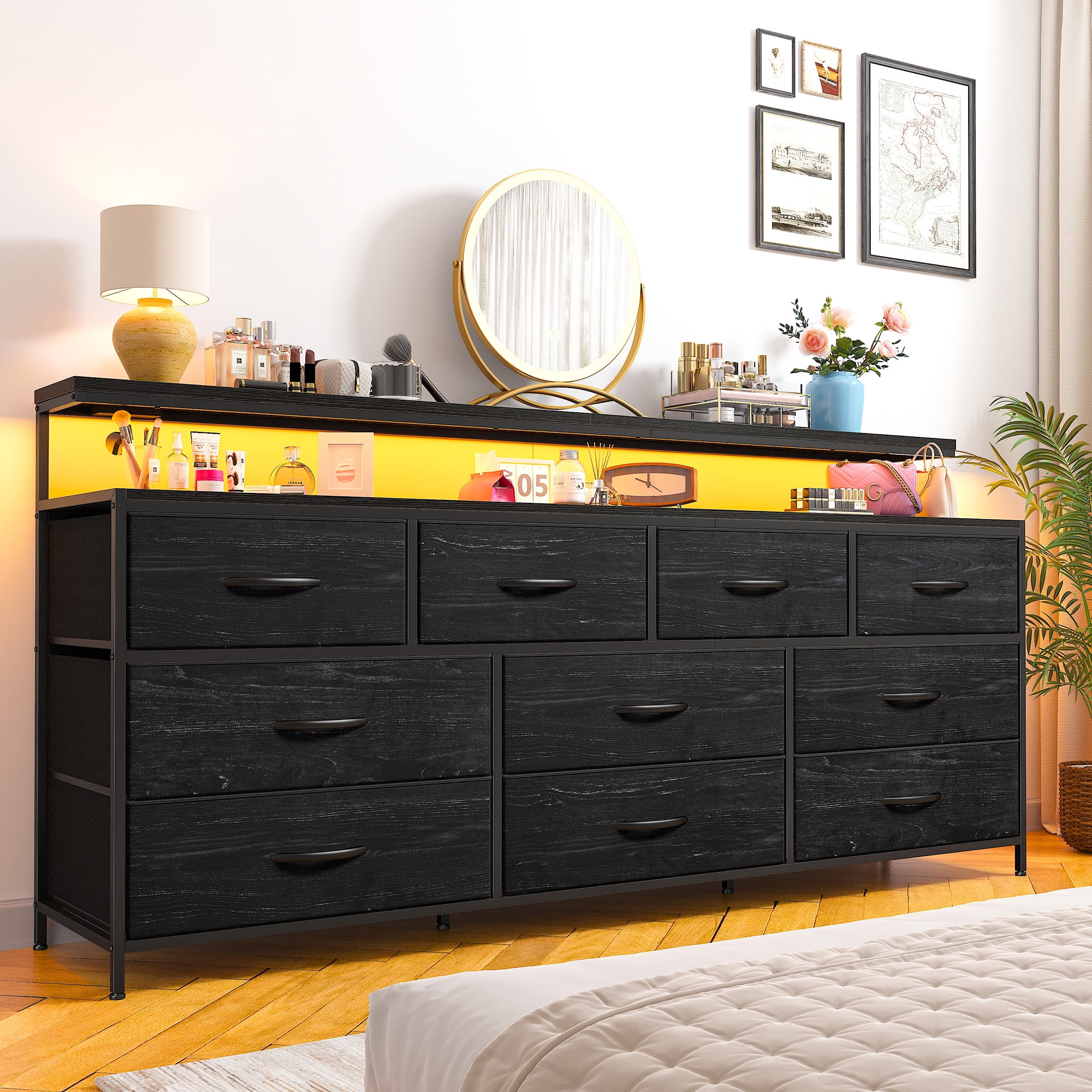 Dresser for Bedroom with 10 Drawers Fabric dresser with LED Lights and Power Outlets,Black