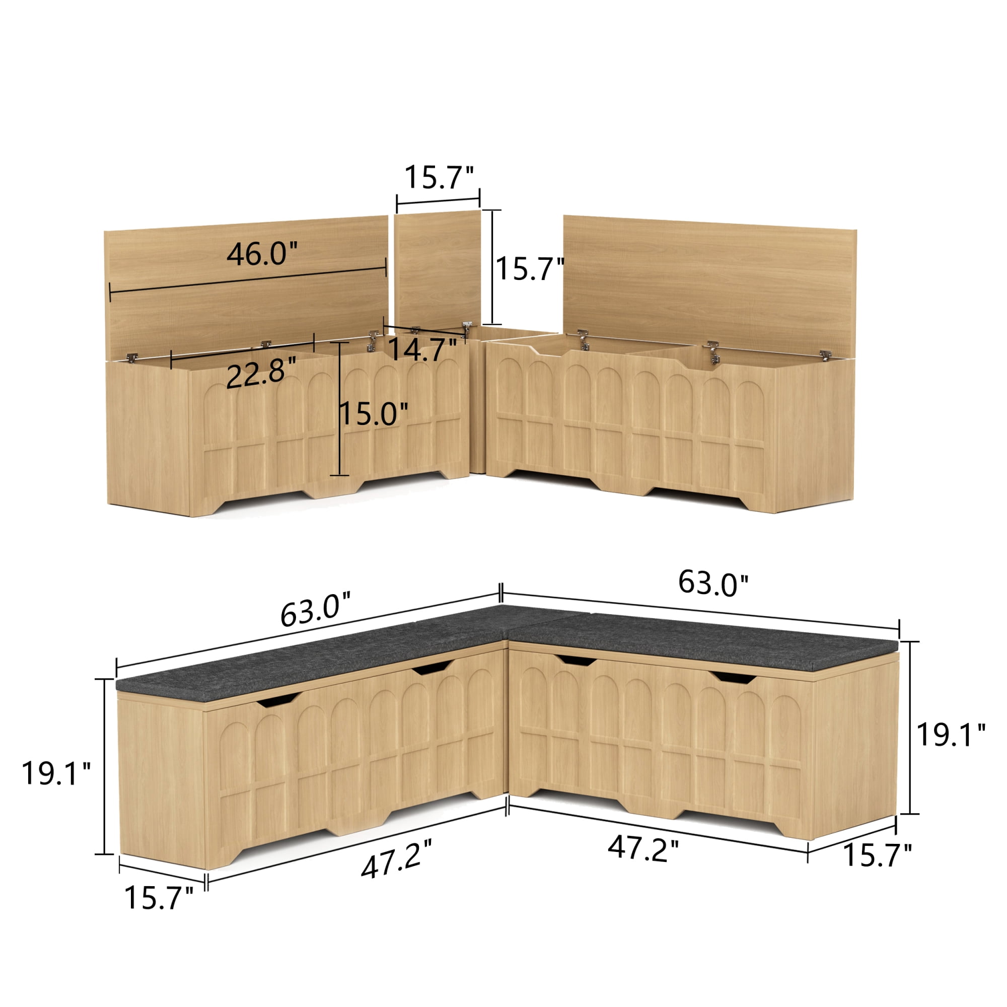 Leumius 3-Piece L-Shaped Multi-Functional Storage Bench with Cushion for Kitchen Corner Bench, Toy Storage Box or Reading Nook Seat Natural