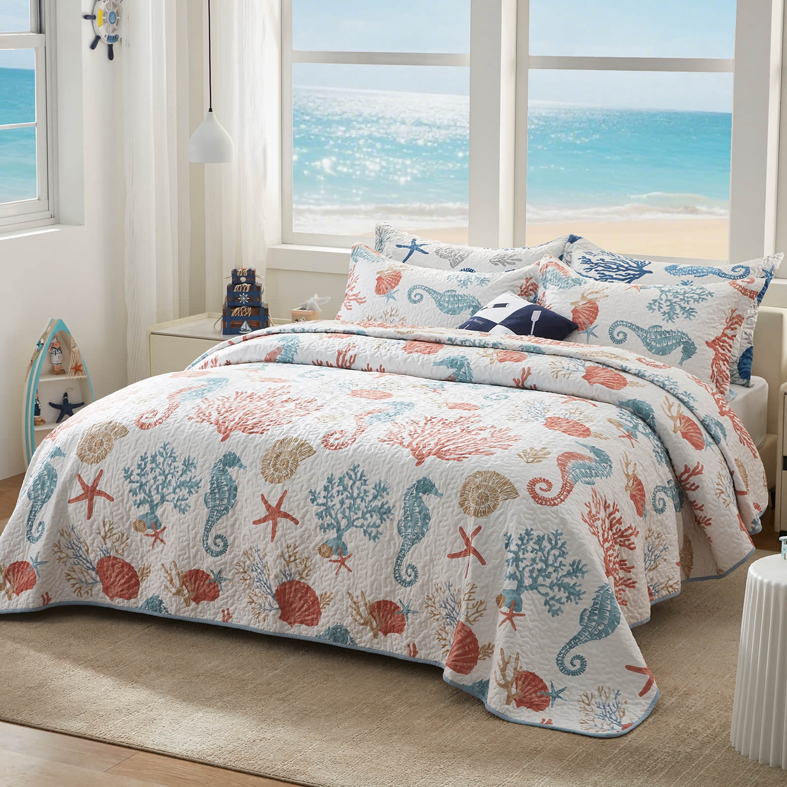 Coastal Quilt Set California King Size - Lightweight Microfiber Reversible Bedspread, 106''x118'', Coral, Includes 2 Shams