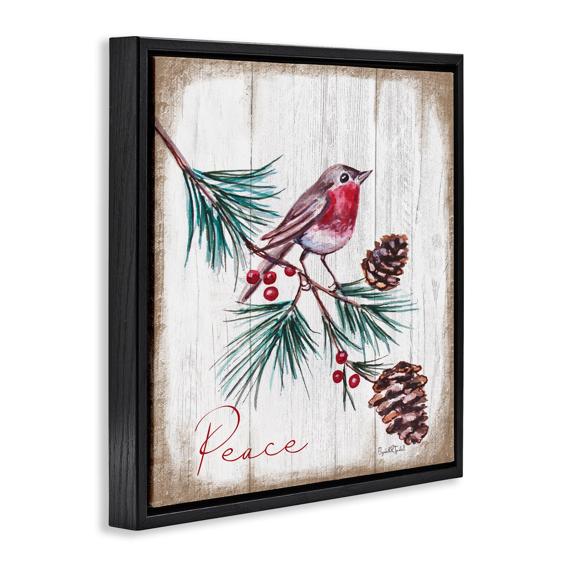 Stupell Industries Rustic Bird & Pinecones Holiday Painting Black Floater Framed Canvas Art Prints Wall Art, 25 x 25