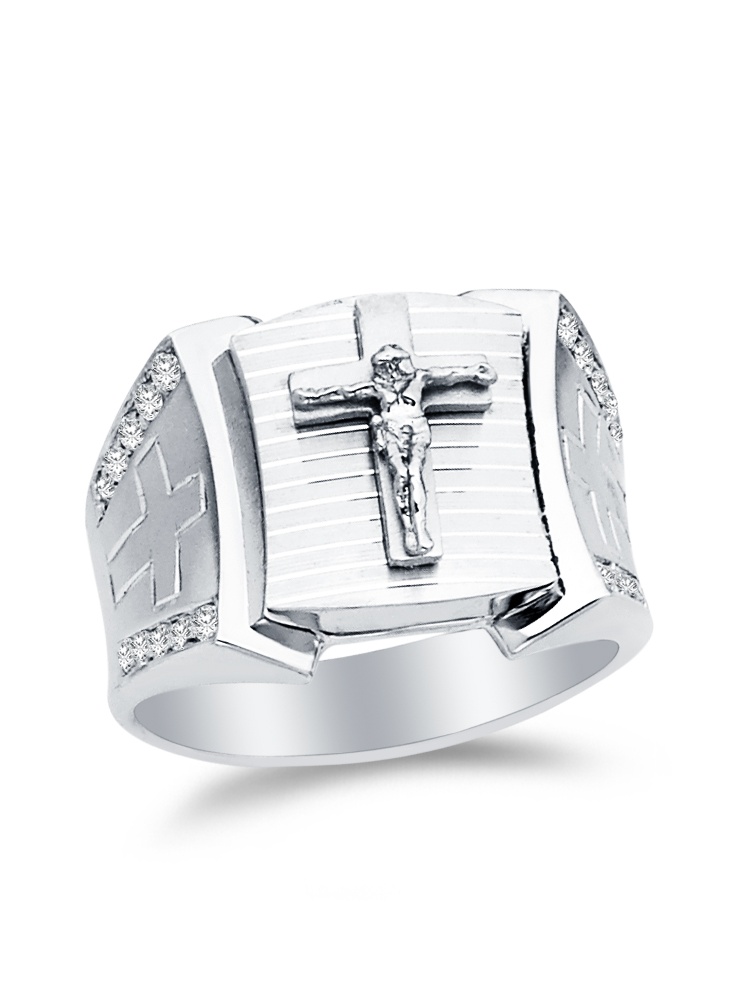 Mens 925 Sterling Silver CZ Cubic Zirconia Religious Crucifix Cross ...
