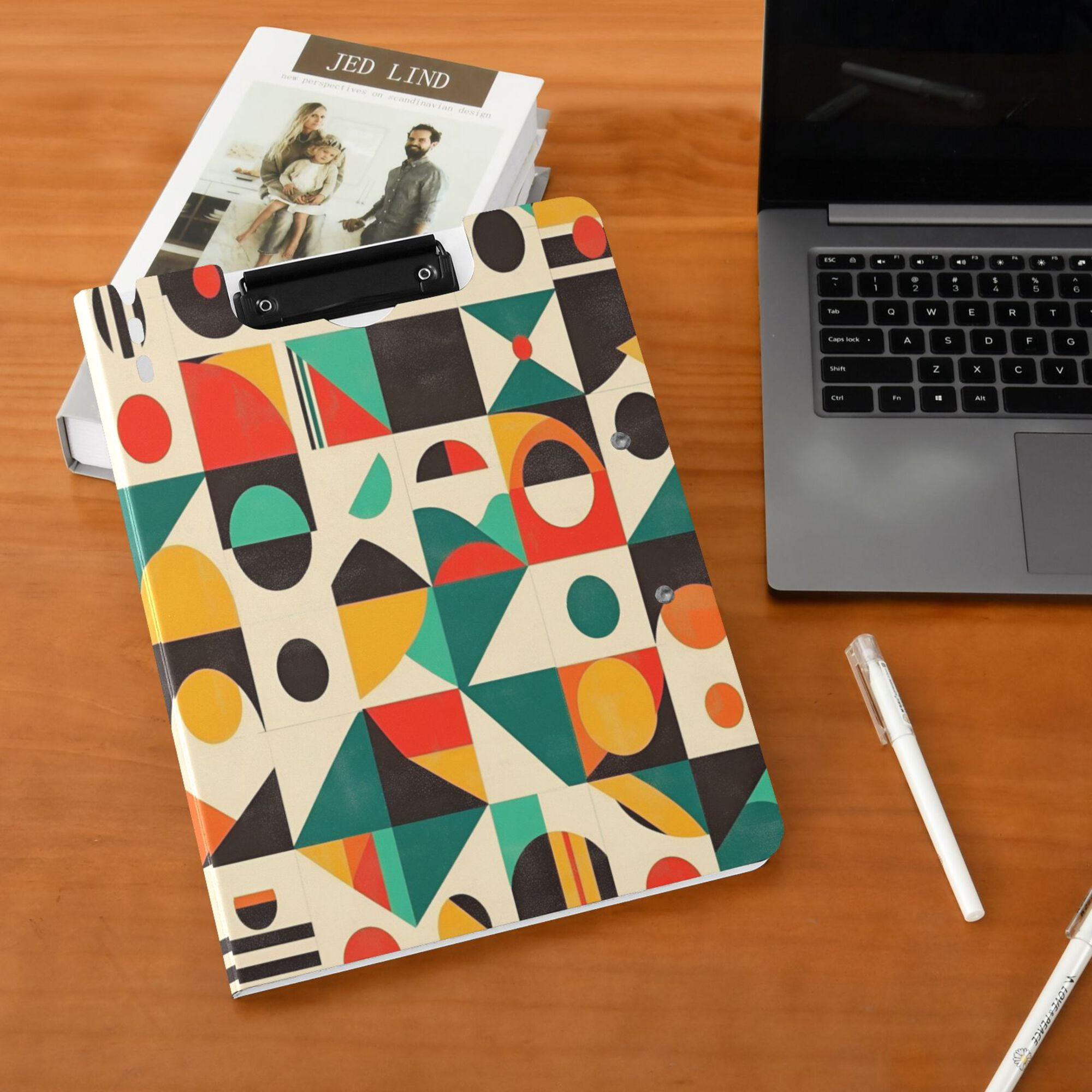 FORMRS A4 Clipboard Folder with Pen Holder Horizontal Foldable School Office Binder, Beige Geometric