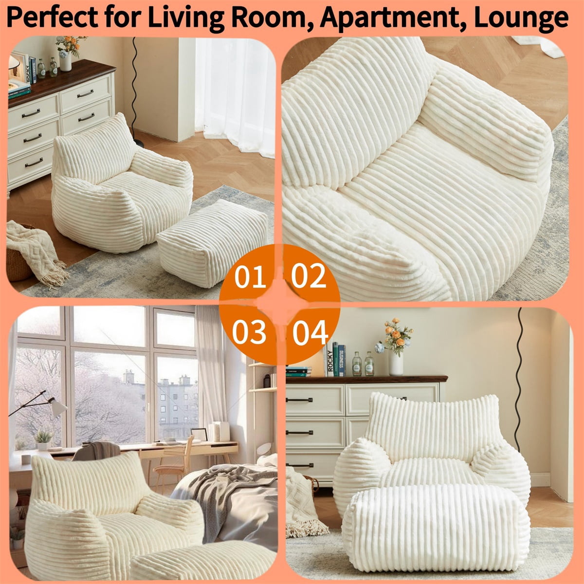 Hommoo Modern Suede Sofa Chair with Ottoman, 5-Zone Ergonomic Support Chair, White