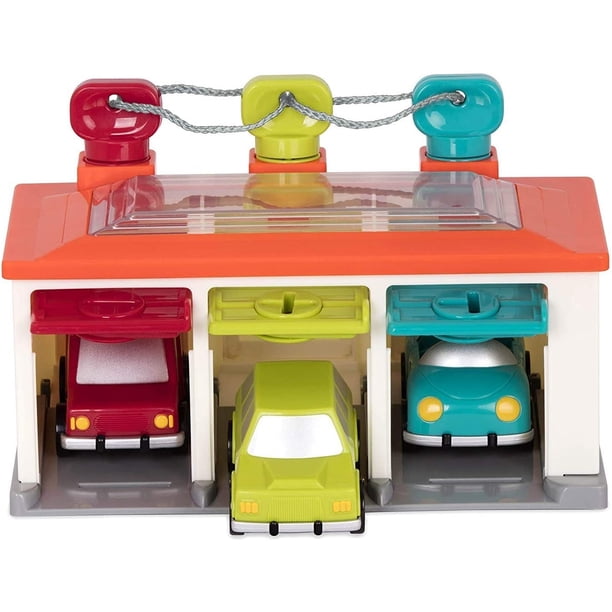 Garaje Toy Garage Battat para 3 coches con llaves y 3 coches de juguete de más de 2 años