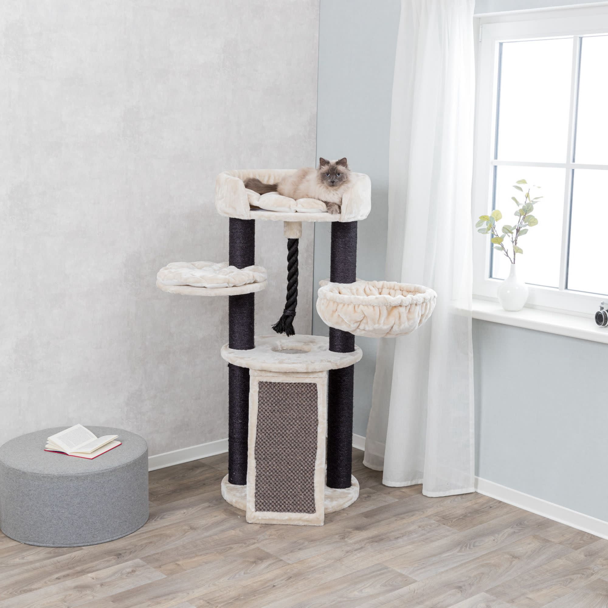 TRIXIE Bovina Plush & Sisal 3-Level 55.5" Cat Tree, Scratching Posts & Hammock, Black