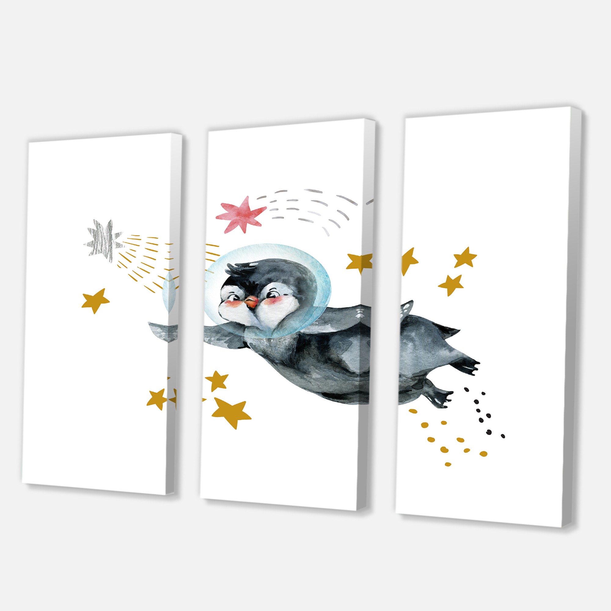 Designart ' Little Penguin Flying Planets and Stars I ' Farmhouse Canvas Wall Art Print