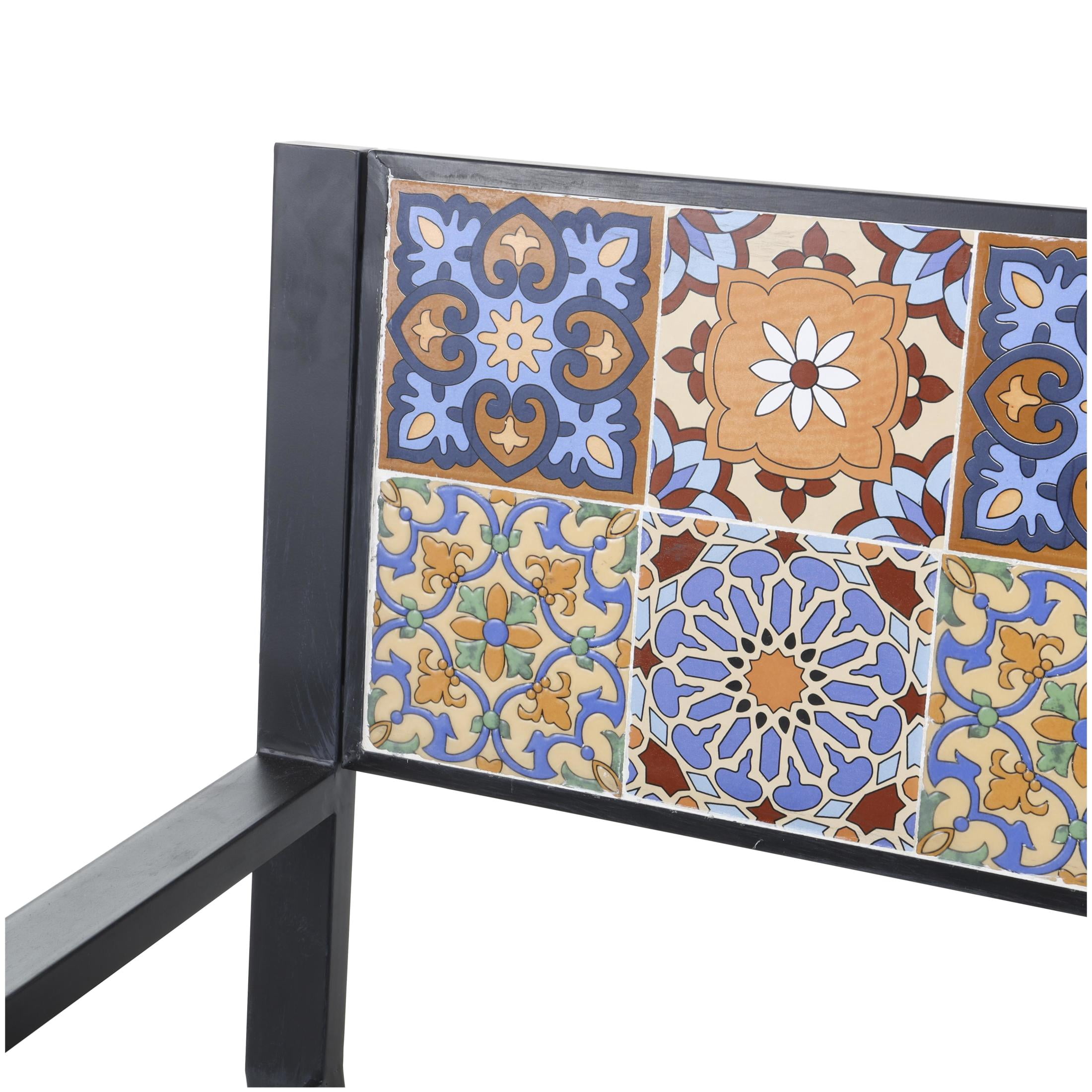 DecMode Metal Floral Scroll Mosaic Outdoor Bench with Orange and Blue Patterns, Black