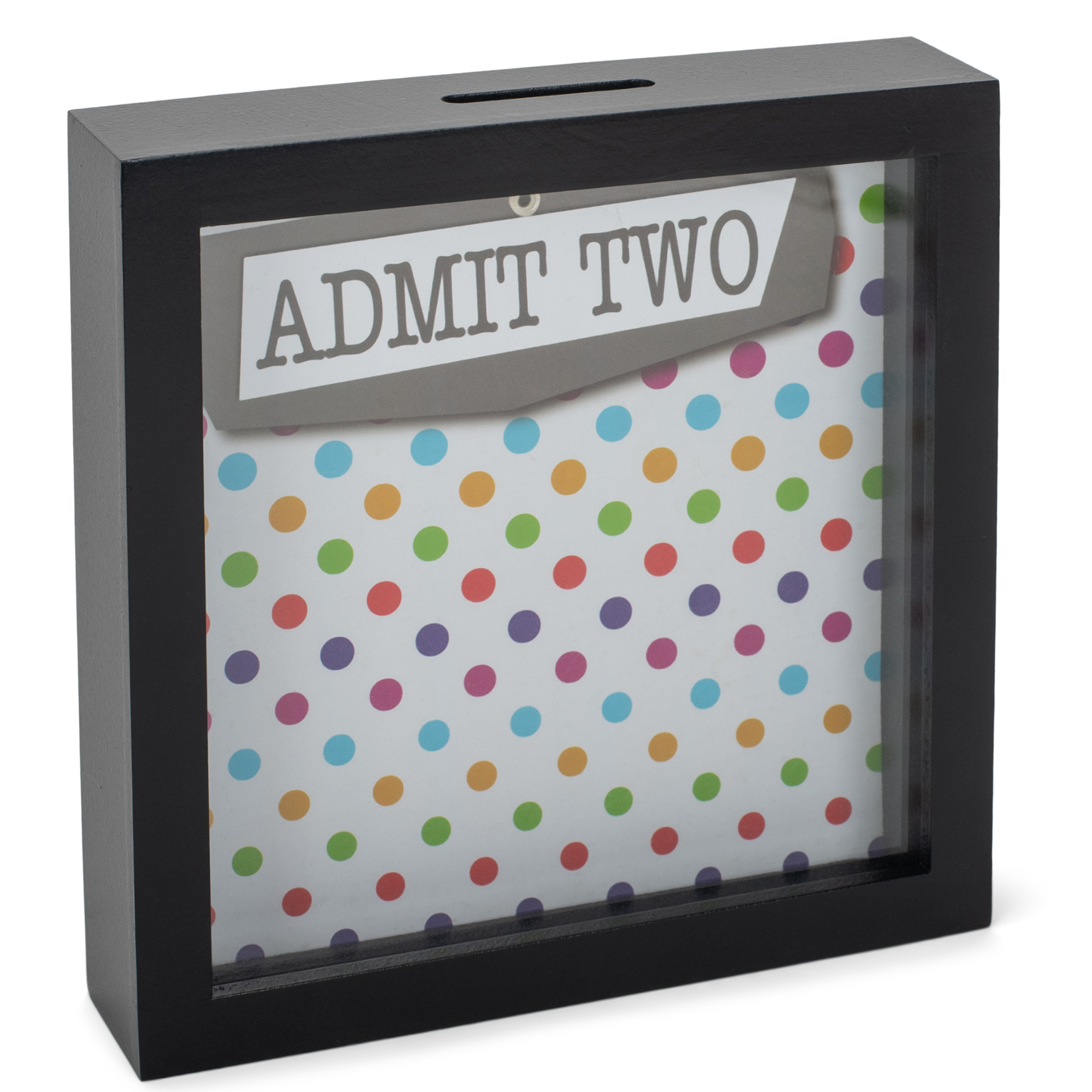 Admit Two Polka Dot 7 x 7 Black Wood Shadow Box Ticket Stub Holder