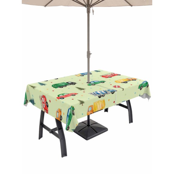 Outdoor Tablecloth with Umbrella Hole for Patio/Picnic/Party/Camping, Green Cartoon Truck Waterproof Table Cloth Rectangle Table Cover Washable, Funny Cute Colorful Car Tree Polka Dot (60"x 102")