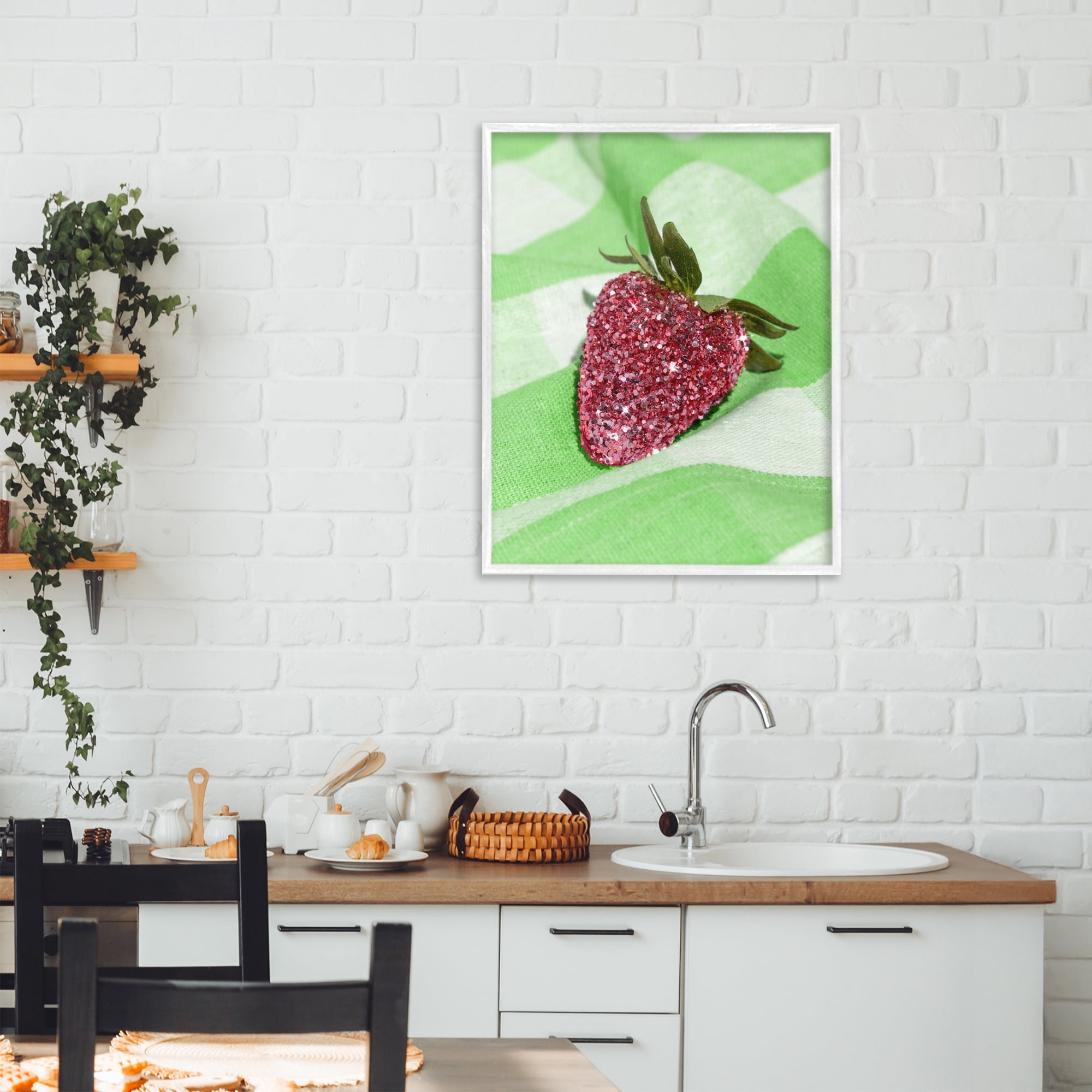 Stupell Industries Glimmer Strawberry on Green White Framed Giclee Art, design by LISH Creative