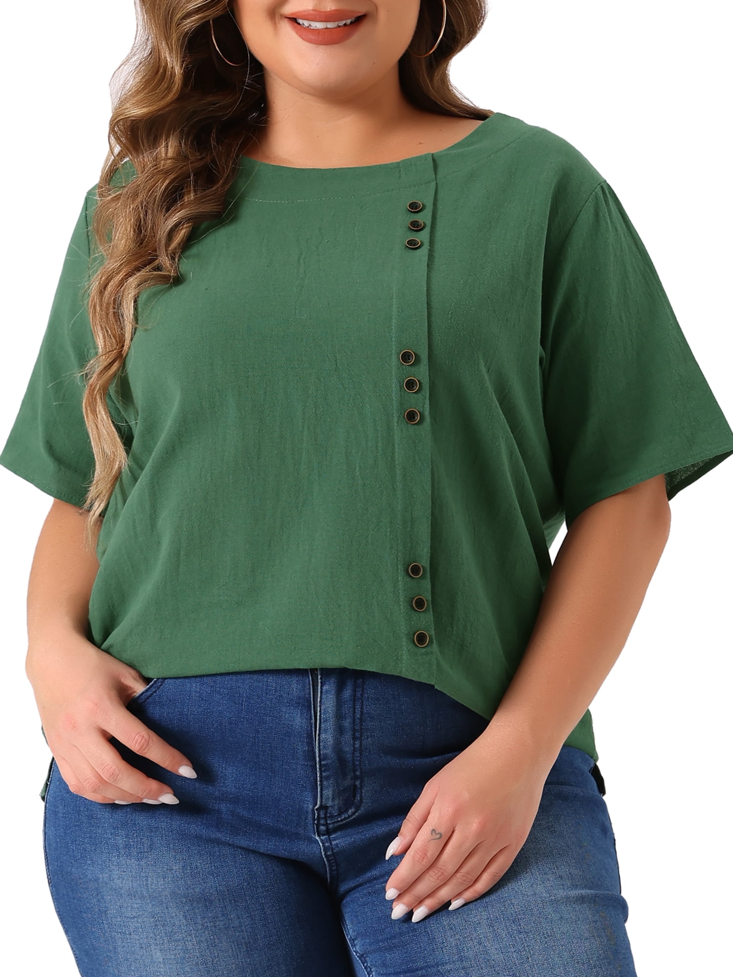 Women's Plus Top Short Sleeve Crew Neck Cotton Linen Blouses Top T Shirt 3X Army Green