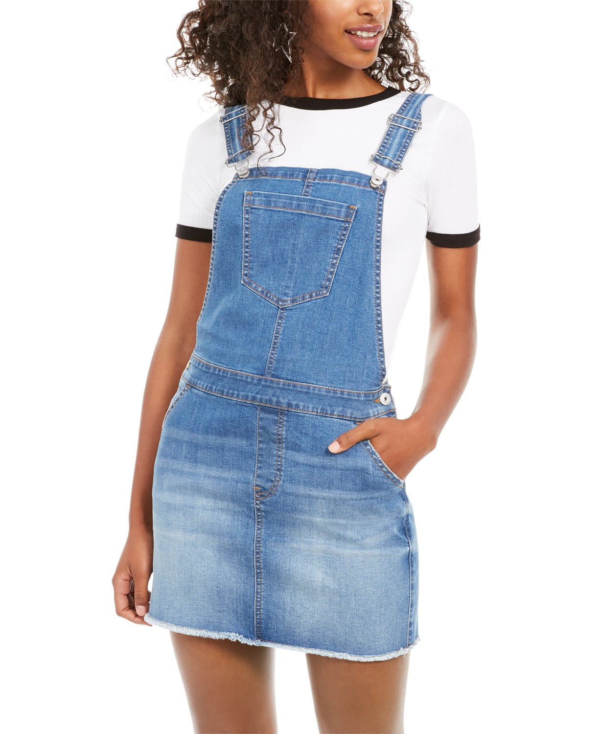 Juniors' Frayed-Hem Overalls Dress Blue 