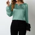 thumbnail image 2 of Lenpel Women's Satin Blouses Dressy Casual Long Sleeve Crew Neck Cut out Pleated Business Work Tops Loose Office Blouses(Green,Medium), 2 of 4