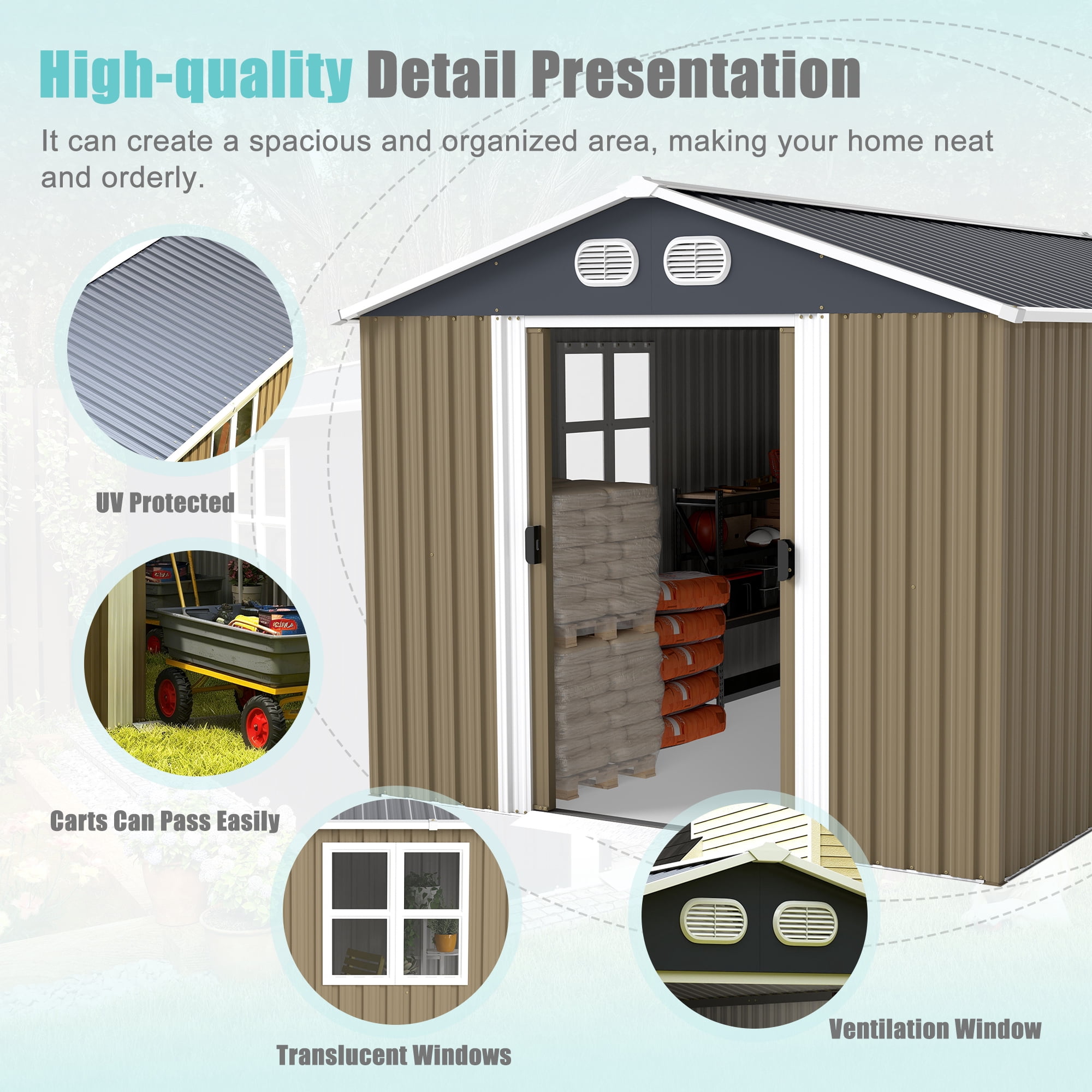Leumius 8x12 FT Outdoor Metal Storage Shed, Large Storage Sheds with Sturdy Frame Structure, Metal Garden Tool Shed with Lockable Door for Garden Lawn Backyard Brown