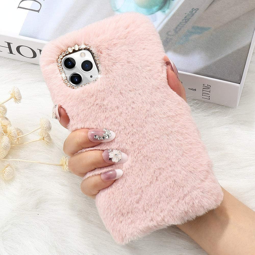 Plush Case For Iphone 11 Phone Cover Cute Furry Fluffy Protective Case With Crystal Faux Bunny Hair Cover Soft Phone Case Protective Phone Cover Pink Walmart Com