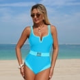 thumbnail image 2 of Women's Tummy Control One Piece Swimsuit, Sexy High Cut Color Block V-Wire Push Up Low Back Full Coverage Bathing Suit,Light Blue,S, 2 of 7