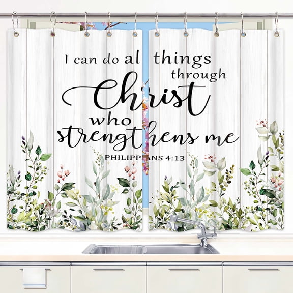 Inspirational Quote Kitchen Curtains, Watercolor Leaves Plant Floral Bible Verse Scripture Quotes Kitchen Curtains, Sage Green Eucalyptus Bedroom Living Room Treatment Set with Hooks, 55X39 Inches
