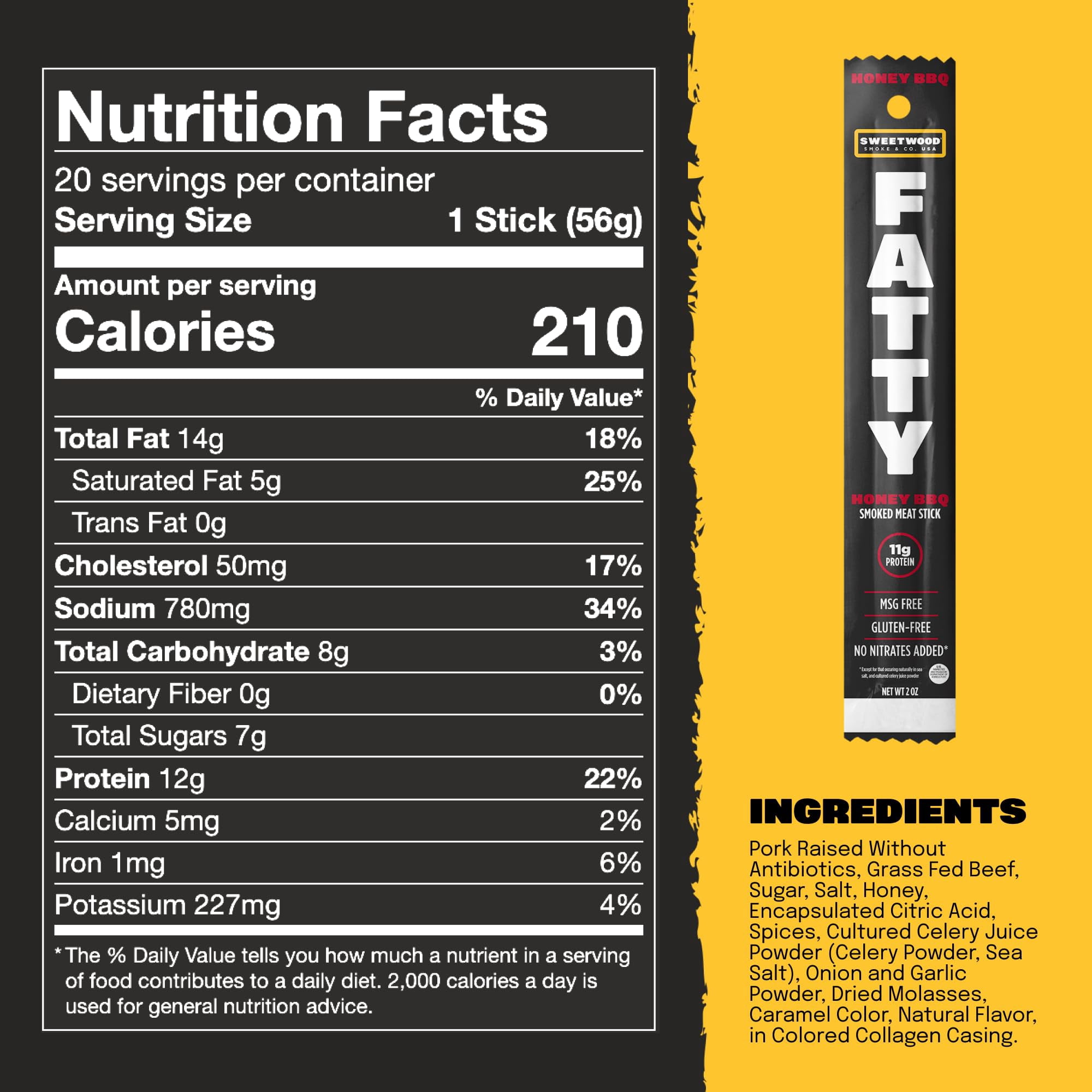 FATTY Meat Jerk Sticks, Grass-Fed Beef, High Protein Snack, Camping, Sports, Road Trip, Low Carb, Gluten Free, MSG Free, Nitrate Free, Honey BBQ Flavor, 2 Ounce (Pack of 20)