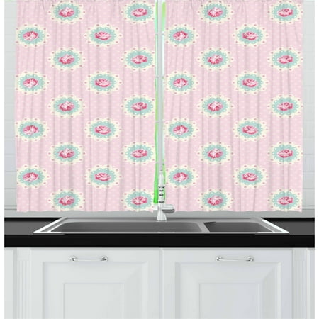 Curtains Cottage Style Shabby Chic Curtains 2 Panels Set, Retro Style Polka Dotted Backdrop and Floral Motifs Roses Cottage, Window Drapes for Living Room Bedroom, 55W X 39L Inches, Baby Pink White Seafoam, by Ambesonne ()